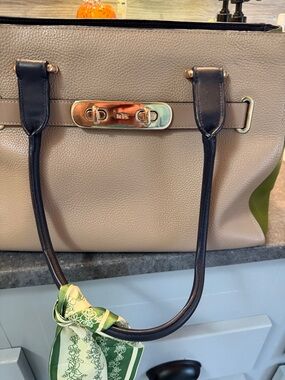 Coach Beige Leather Shoulder Bag with Navy Handles and Green Scarf